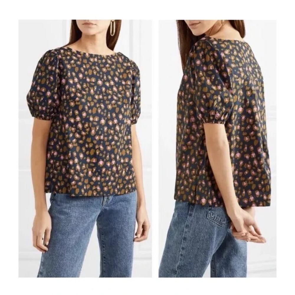 J Crew Snow Leopard Animal Print Cotton Puff Sleeve Top Navy Pink XS 0 2 4 - Picture 2 of 6